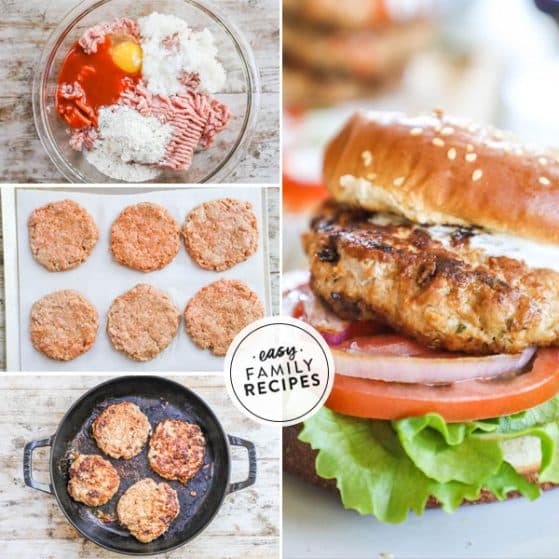 How to make Buffalo chicken burgers: 1) Mix ingredients, 2) Form patties, 3) Cook patties, 4) Assemble