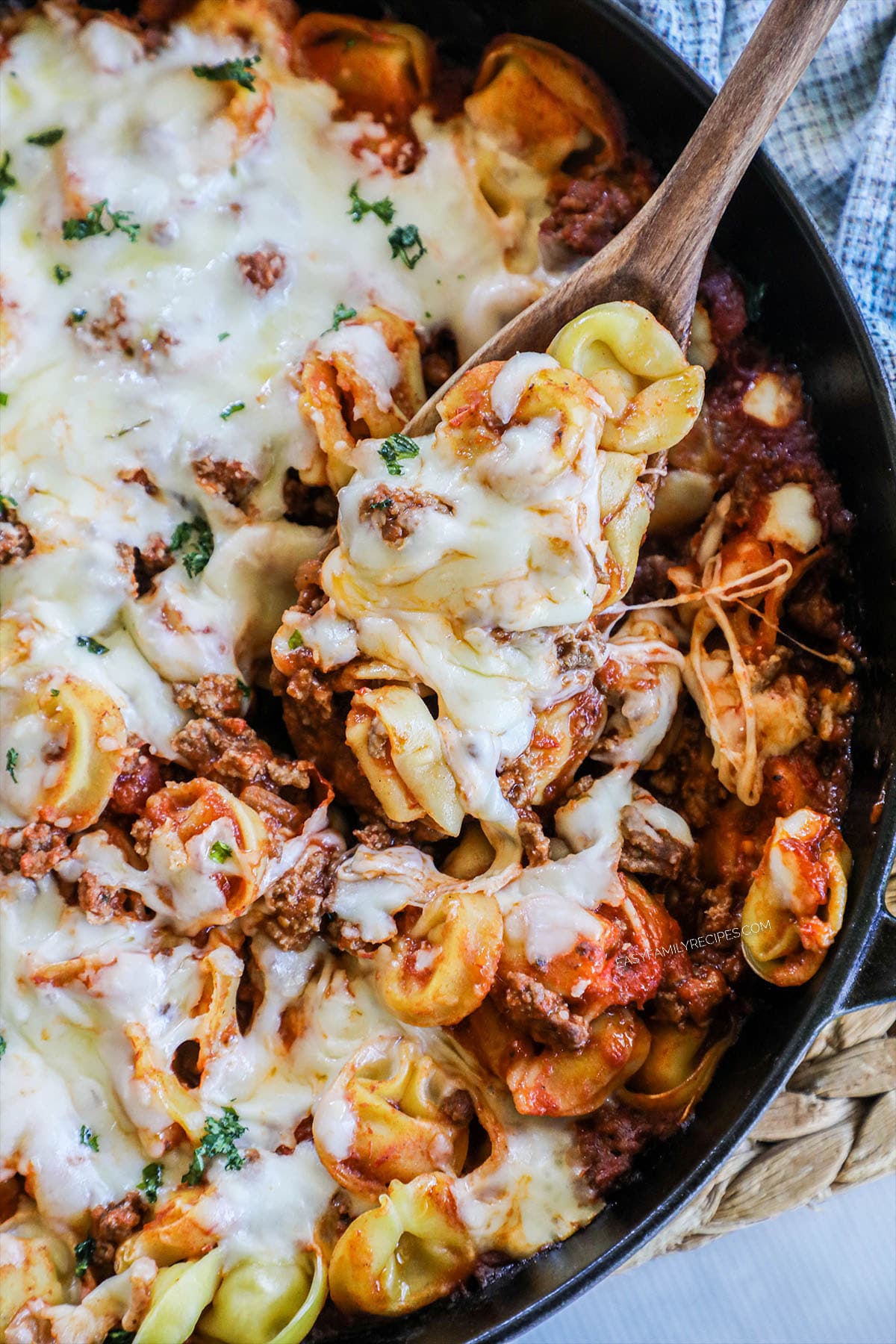 Baked Cheese Tortellini Casserole in casserole dish.