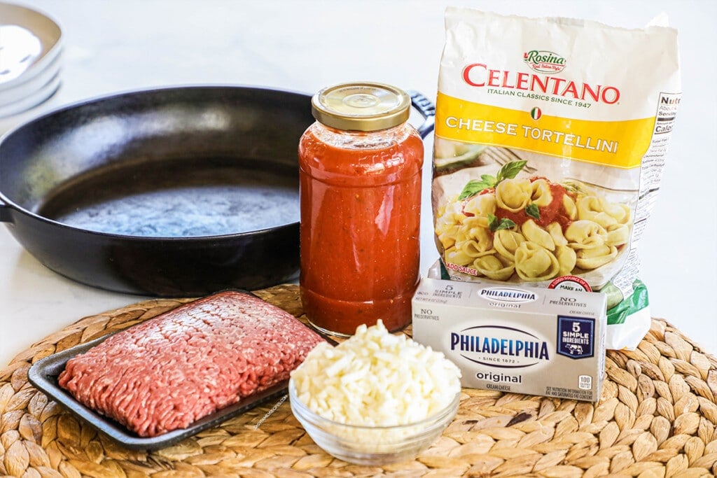 Ingredients for making baked tortellini casserole.