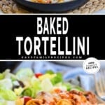 Easy Baked Tortellini in baking dish and then served on a plate with salad.