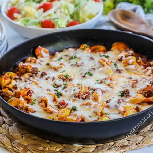 Easy Baked Cheese Tortellini casserole out of the oven and ready to serve.