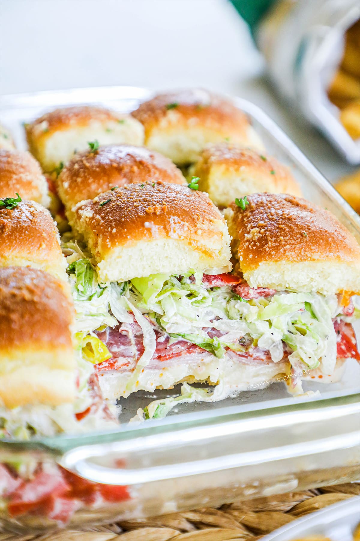 Italian Grinder Sliders stuffed with cold cuts and salad.