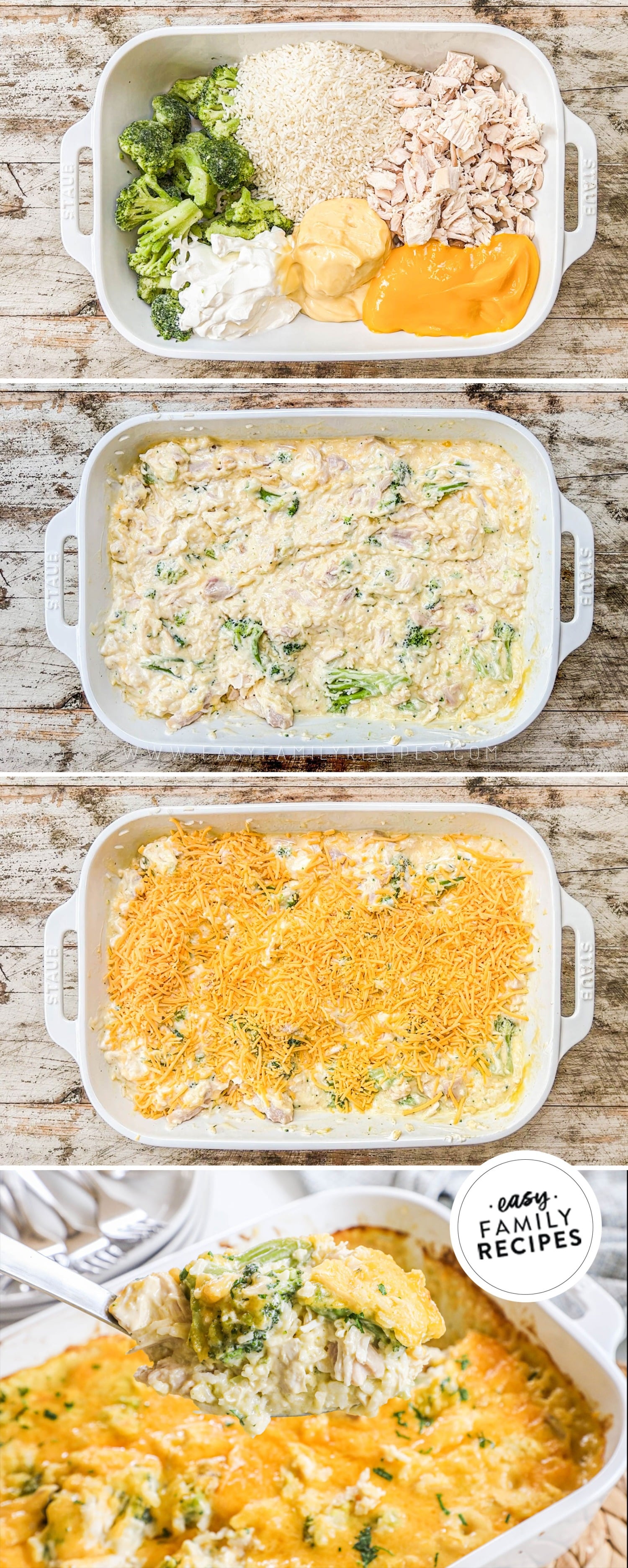 4 image collage making recipe in a baking dish: 1- ingredients in dish before combining, 2- after combining, 3- shredded cheese added on top, 4- after baking with a melty cheesy top and a spoon dipped in.