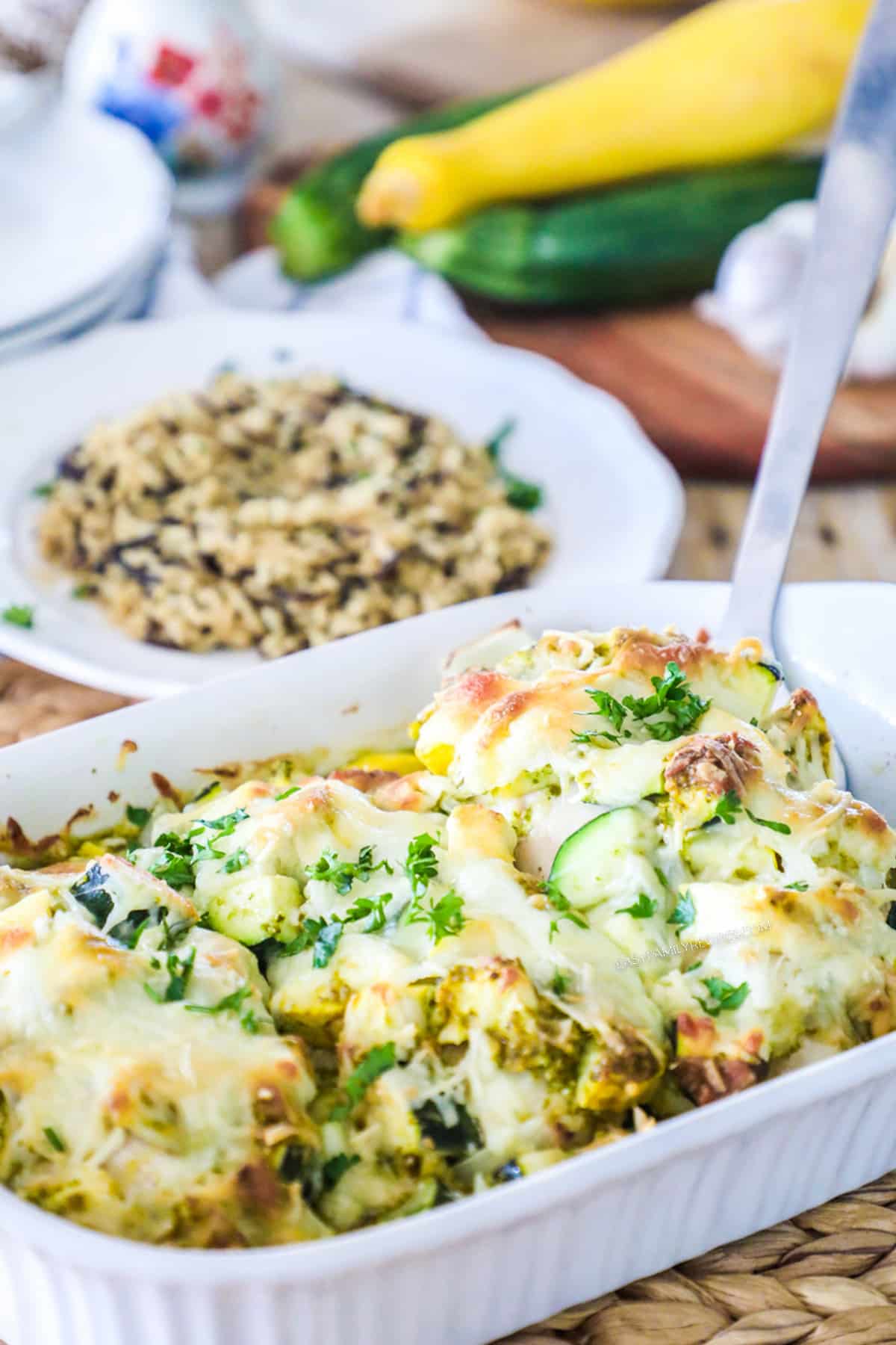 white dish of chicken zucchini casserole