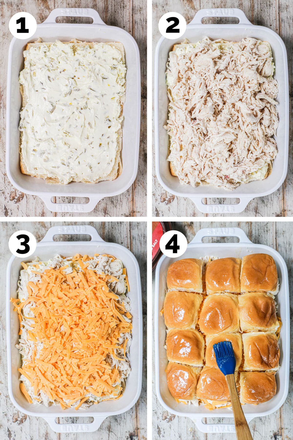Process photos for how to make Jalapeno Popper Chicken Sliders. 1. Mix cream cheese and jalapeno peppers together and spread on hawaiian rolls.. 2. Layer on shredded chicken. 3. Top with cheddar cheese. 4. Spread melted butter and Lowery's seasoning salt on the top of the rolls and bake.
