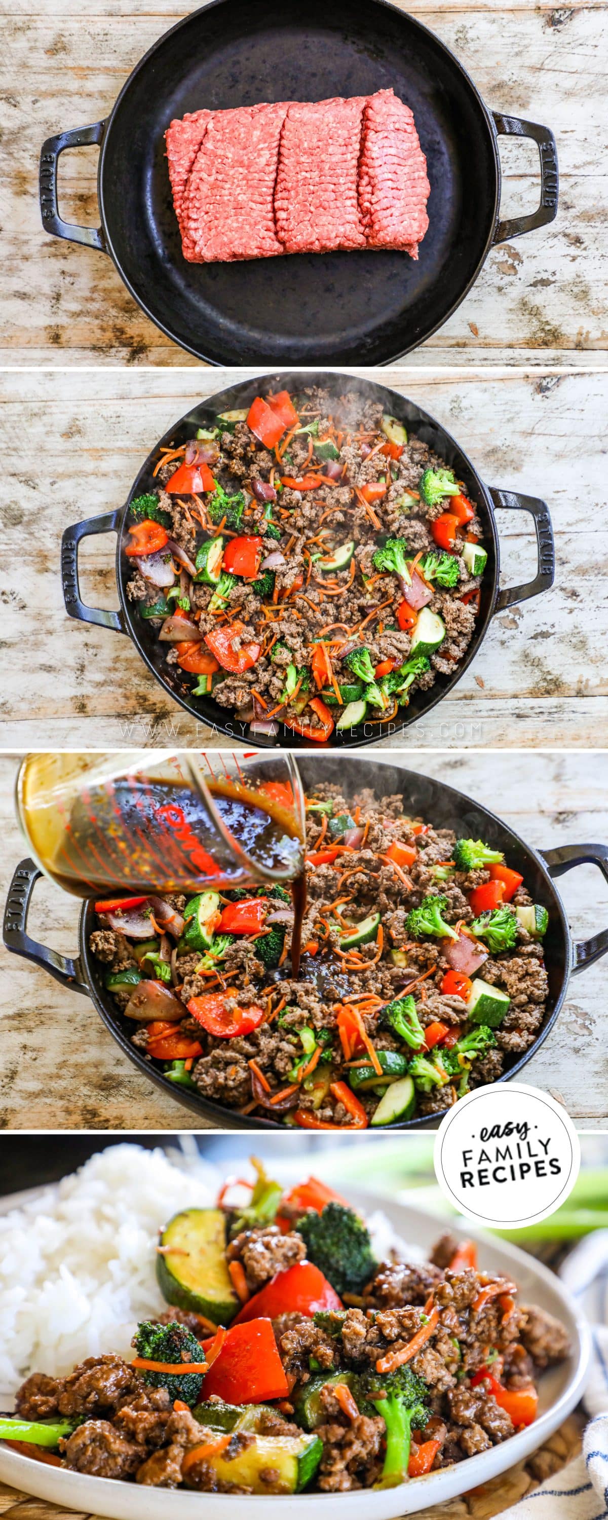 How to make ground beef zucchini stir fry 1)brown beef 2)saute vegetables 3)cook both with sauce 4)serve.