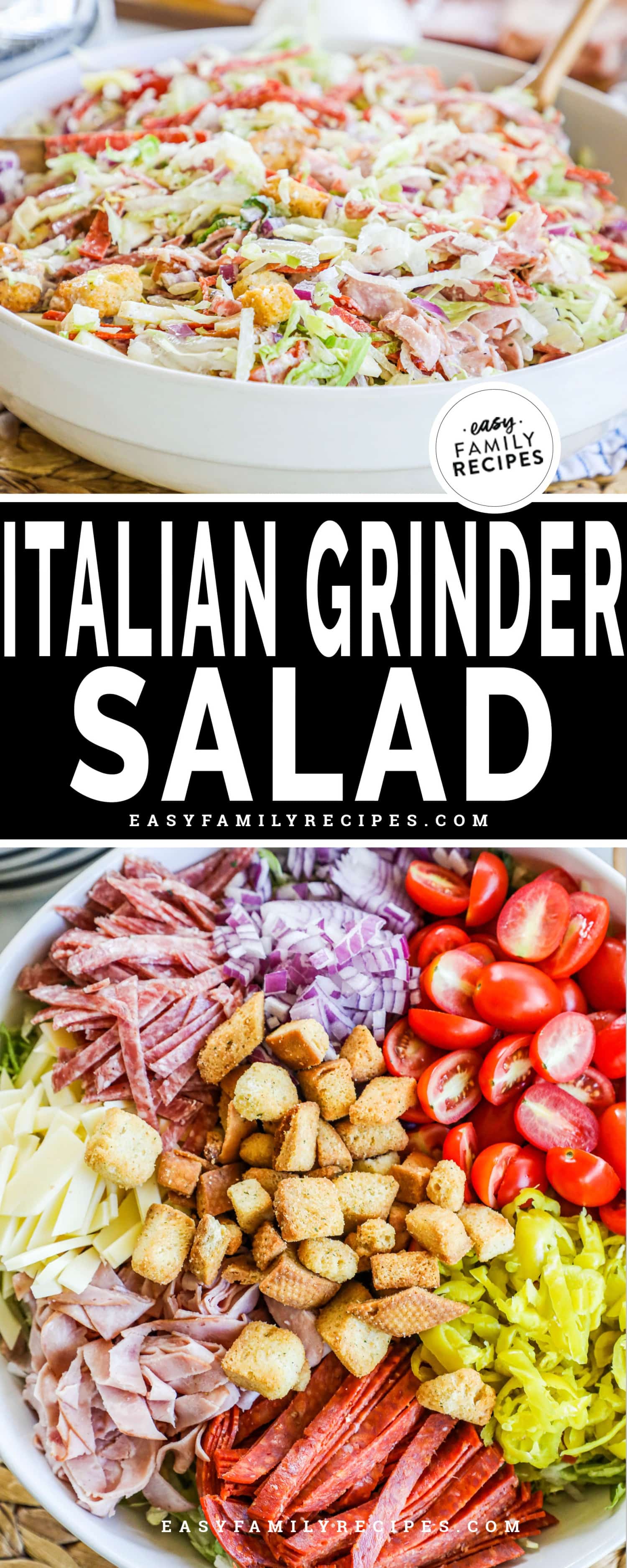 two photos of a grinder salad, one with a bowl of mixed salad and one with the ingredients separate.