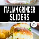 Italian Grinder Sliders in a baking dish, then served on a plate.