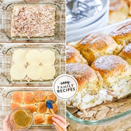 how to make shredded chicken sliders, 1)layer rolls and chicken in a baking dish, 2) add the cheese, 3)top with the top rolls and glaze, 4) bake and serve!