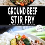 A big pan of ground beef stir fry and then the stir fry served for easy dinner with rice on a plate.