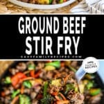A plate of ground beef stir fry served with rice and ground beef stir fry being spooned from the pan.