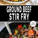 A plate of ground beef stir fry served with rice and ground beef stir fry being spooned from the pan.