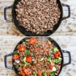 Process photos for how to make ground beef stir fry.