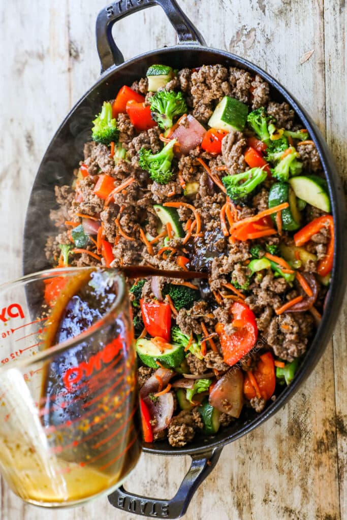 How to make ground beef stir fry step 4: pour over the sauce and cook until thickened.