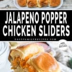 Two images - top is slider rolls in a baking dish and butter being spread on top. Bottom is close up of 2 slider rolls