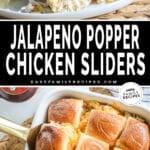 Bottom image is an overhead photo of slider rolls in a dish. Top is a plate of chips and a close up of slider rolls