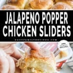 Top image is a photo of slider rolls in a dish being spooned out. Bottom is a close-up of slider rolls