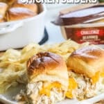 2 Jalapeno Chicken Sliders on a plate served with chips