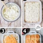 Process photos for how to make Jalapeno Popper Chicken Sliders. 1. Mix cream cheese and jalapeno peppers together and spread on hawaiian rolls.. 2. Layer on shredded chicken. 3. Top with cheddar cheese. 4. Spread melted butter and Lowery's seasoning salt on the top of the rolls and bake.