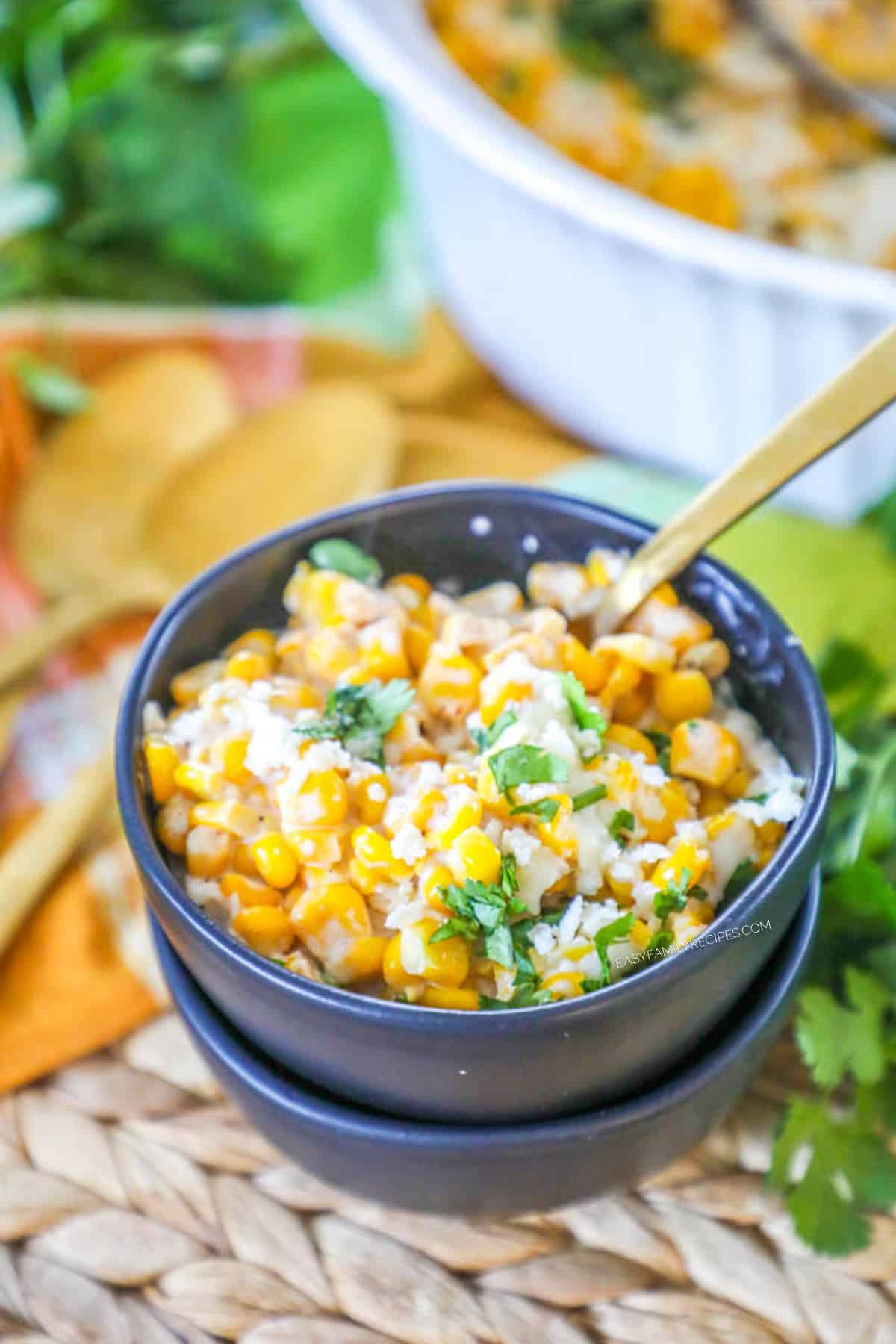 Bowl with Elote Corn Casserole served as a side dish.