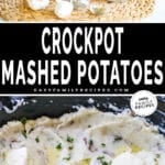 image of crockpot mashed potatoes ingredients and a crockpot full of finished creamy potatoes