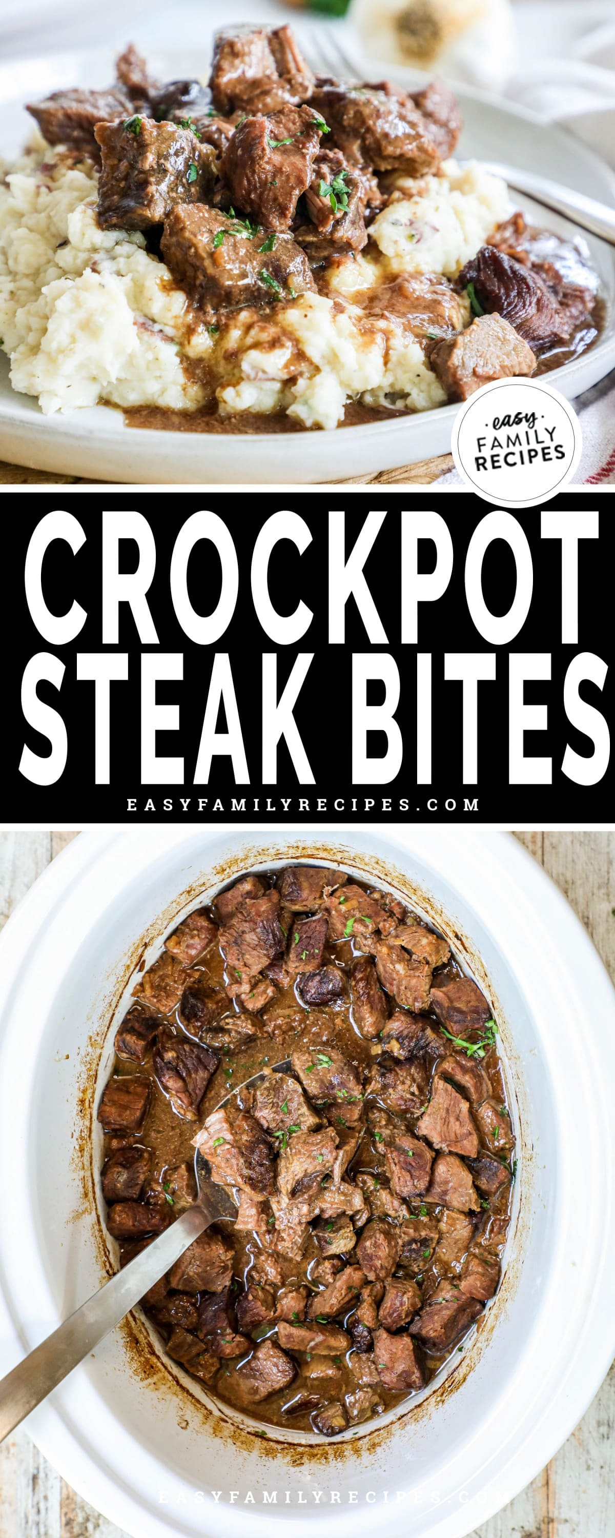 Crockpot steak bites on plate with mashed potatoes and crockpot steak bites in slow cooker