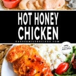 Photo collage with ingredients for making hot honey chicken and a finished plate of hot honey chicken.