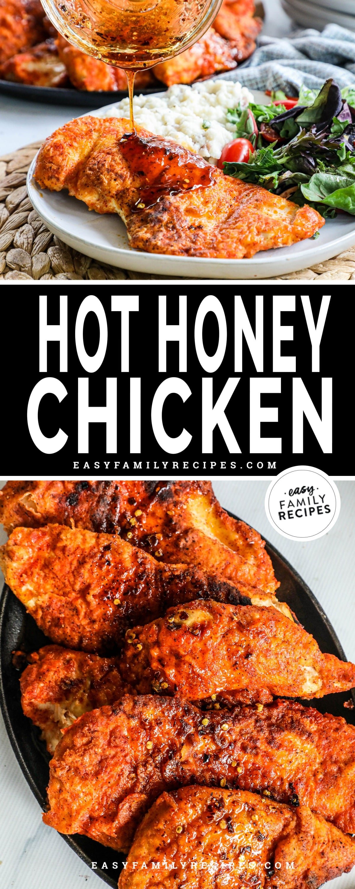 Two images of hot honey chicken. Top image is of plated hot honey chicken being drizzled with honey. Bottom image is chicken in a skillet.
