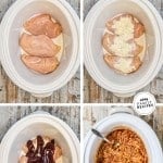 4 image collage making recipe in a crock pot: 1- 3 chicken breast in pot, 2- seasoning added, 3- bbq sauce added, 4- after cooked and chicken is shredded and mixed with bbq sauce.
