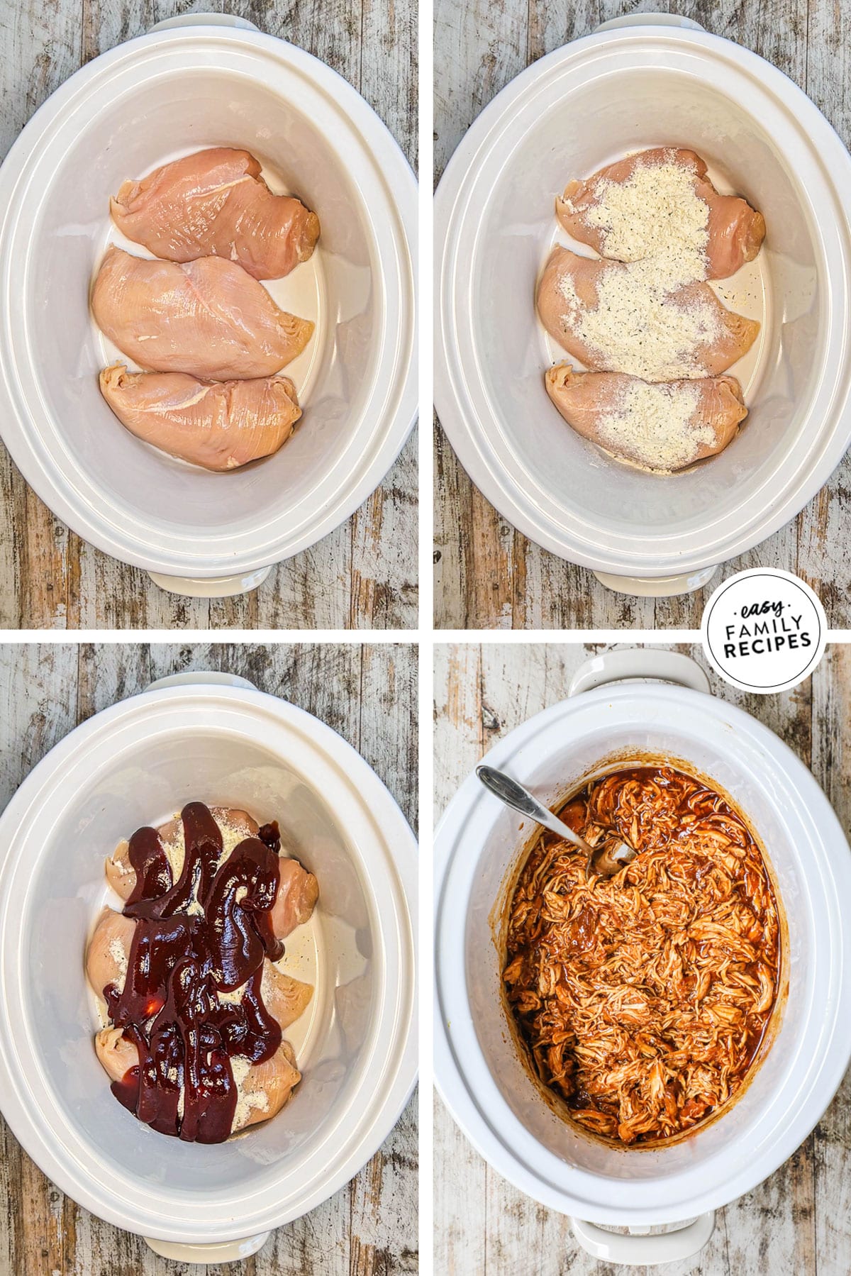 4 image collage making recipe in a crock pot: 1- 3 chicken breast in pot, 2- seasoning added, 3- bbq sauce added, 4- after cooked and chicken is shredded and mixed with bbq sauce.