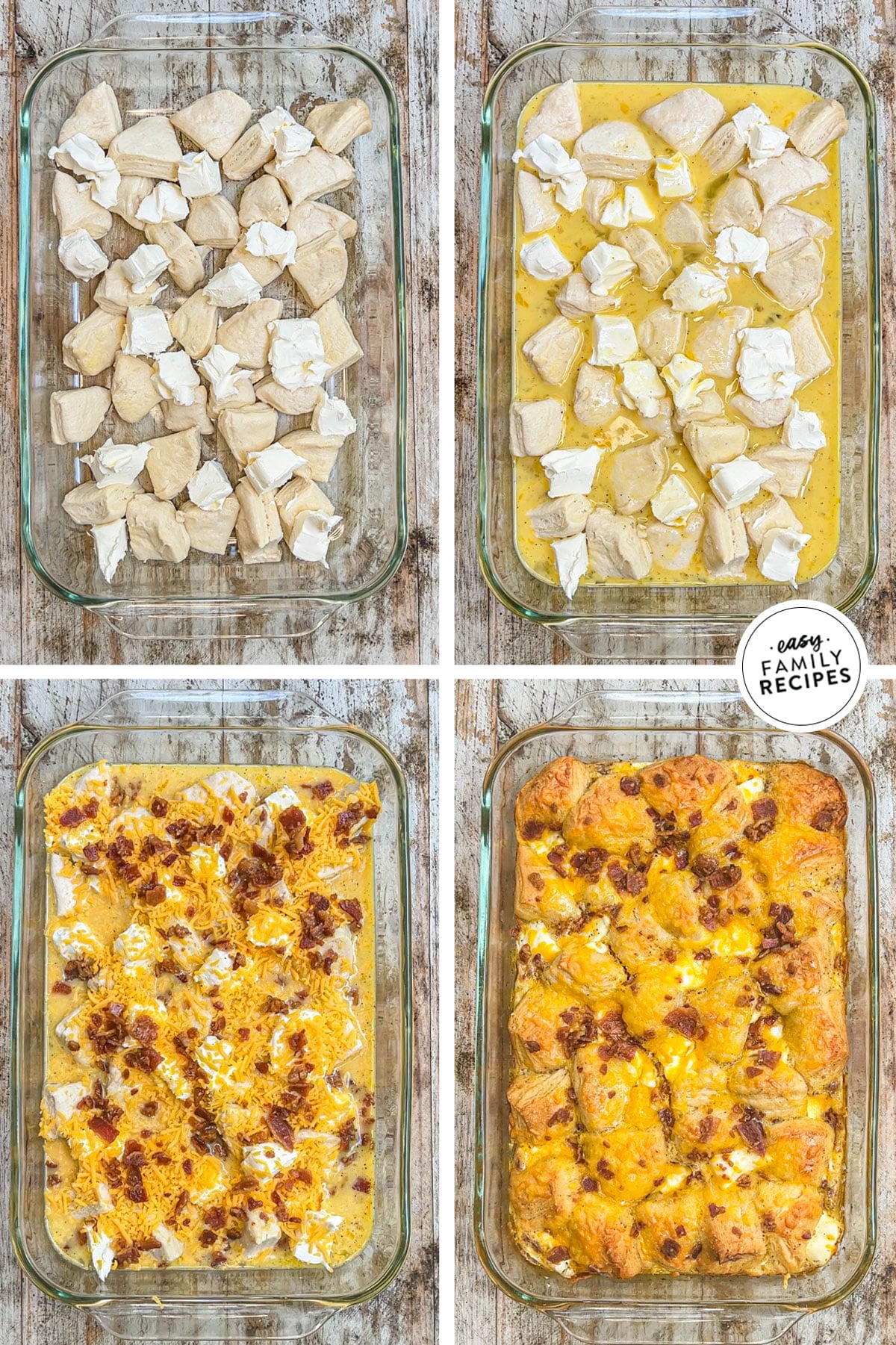 how to make biscuit egg casserole, 1) add biscuits and cream cheese to a baking dish, 2)pour in the egg mixture, 3)top with cheese and bacon, 4) bake and serve!