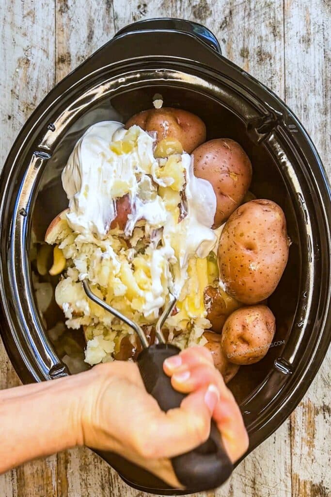 Step 3- Once combined, stir in milk until the mashed potatoes come to the desired consistency. Season with additional salt and pepper to taste.