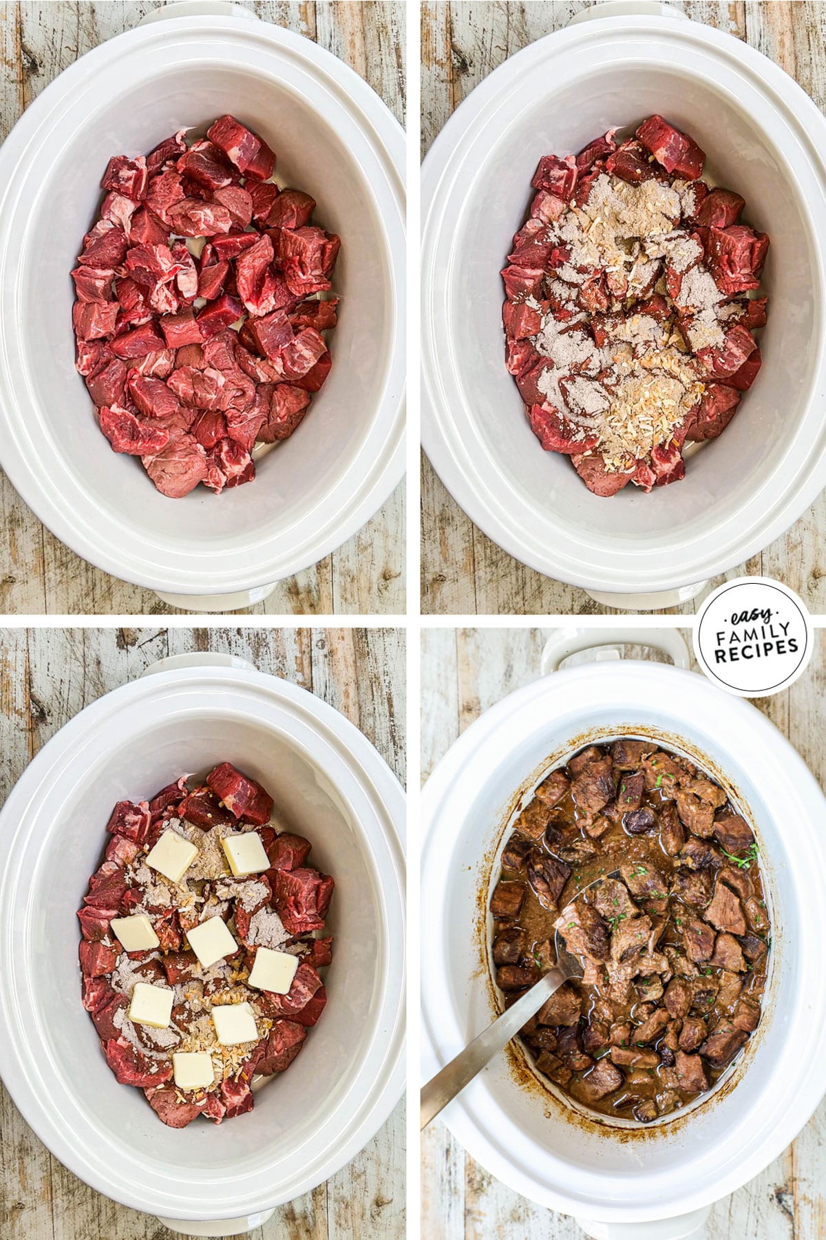 How to make crockpot steak bites: 1) add steak to crock pot 2) add seasonings 3) add butter 4) cook and serve