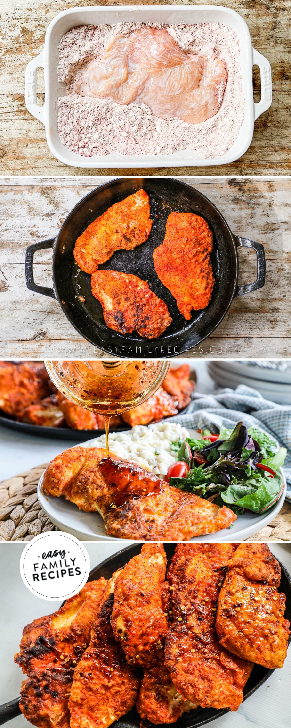 Four step by step photos for Hot Honey Chicken. 1st photo is chicken in a baking dish of flour. 2nd picture is 3 pieces of chicken inside of a skillet. 3rd. image is of plated hot honey chicken that is also being drizzle with my hot honey sauce. 4th image is of finished hot honey chicken in a skillet.