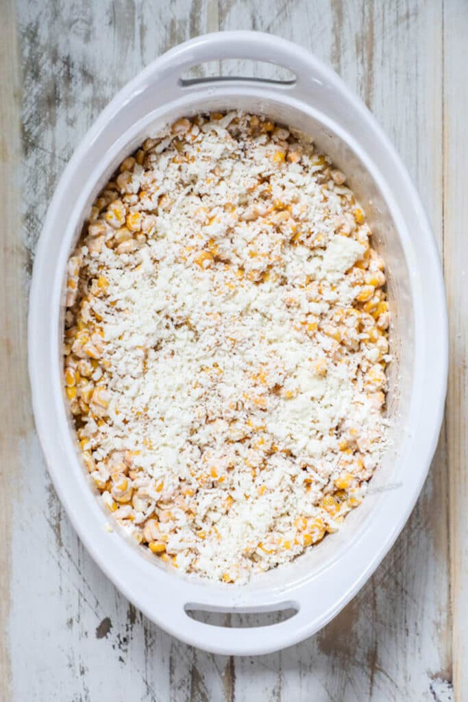 How to make Mexican Street Corn Casserole Step 3: Sprinkle crumbled cheese over the top of the Elote casserole and bake until hot and melty.