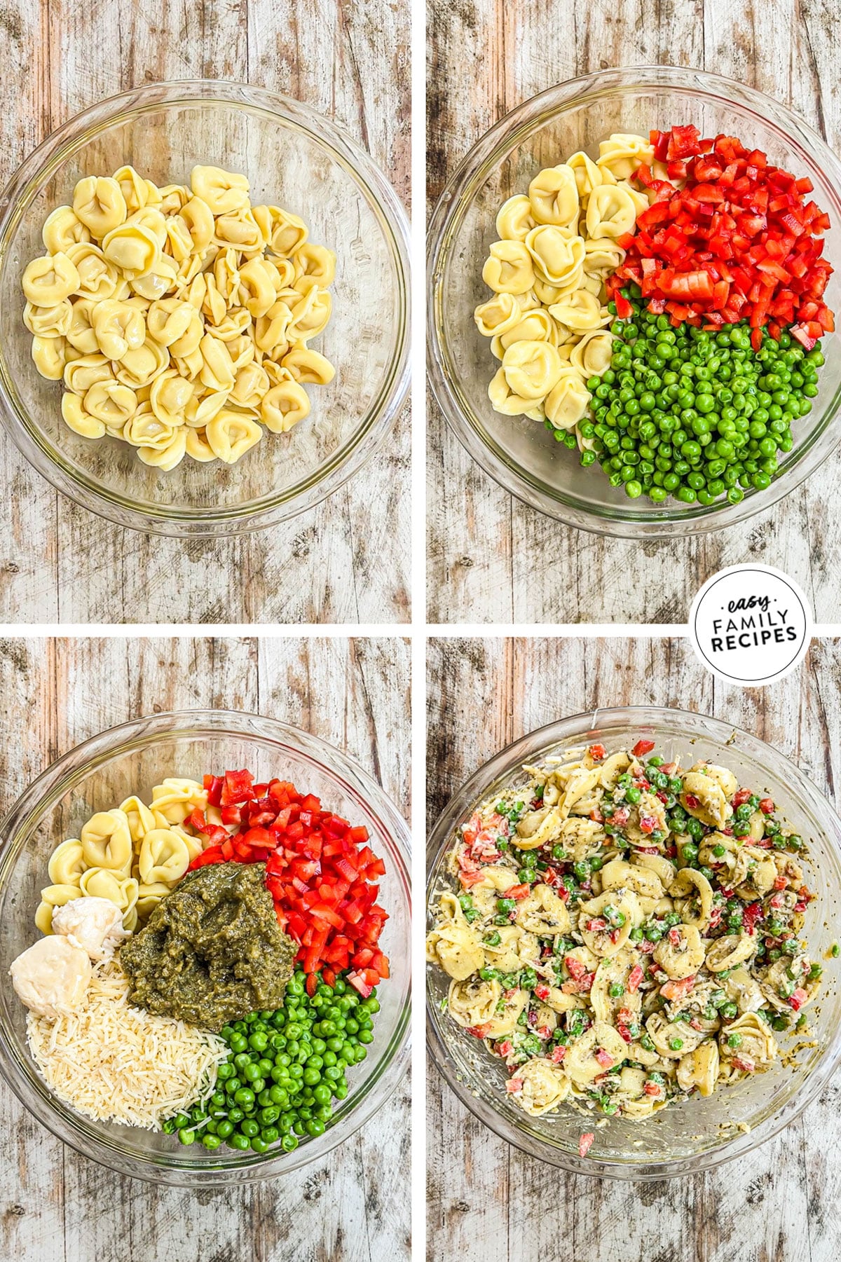 how to make pesto tortellini salad 1) add tortellini to a bowl, 2) add peppers and peas, 3) add pesto, mayonnaise, and parmesan, 4) mix to combine.