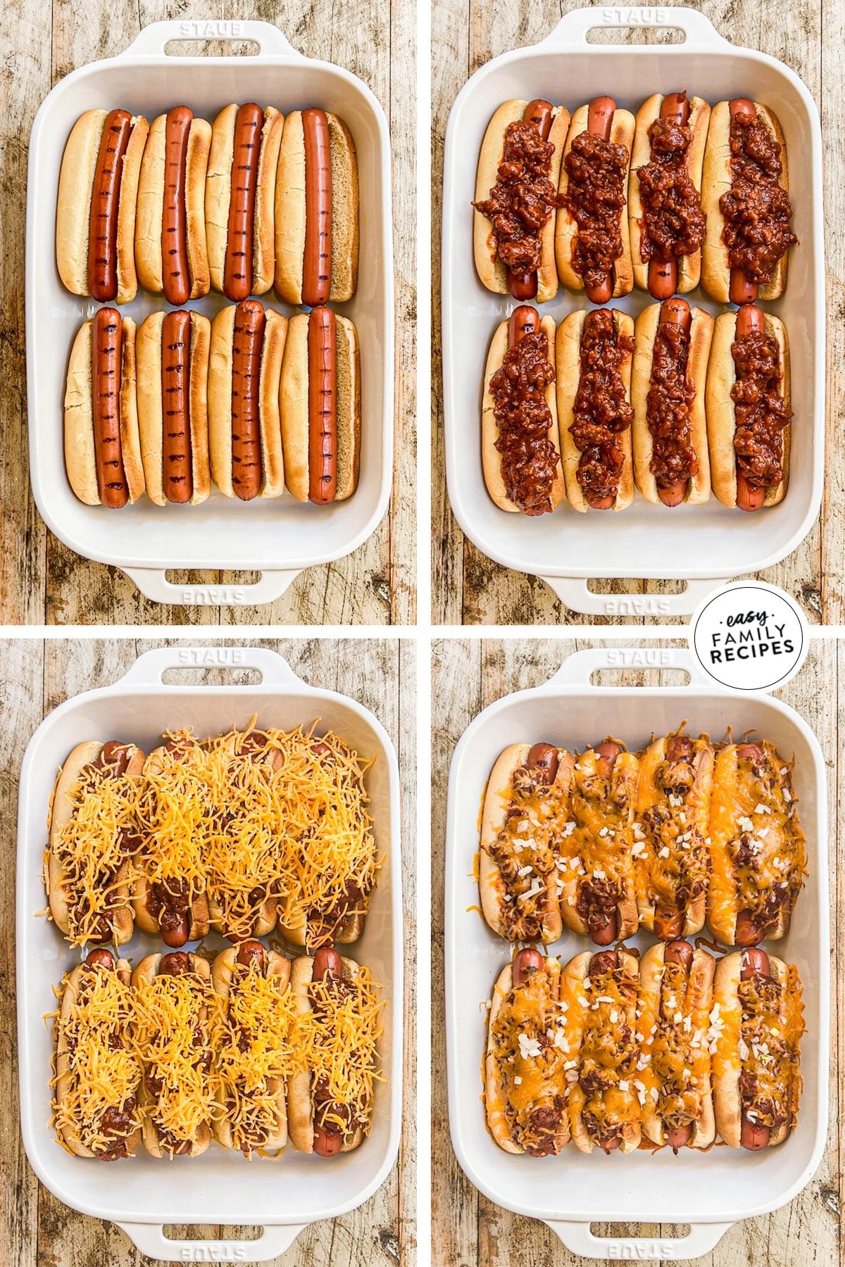 How to make baked chili cheese dogs step by step: 1) add the hot dogs to the dish, 2) add the chili, 3) add the cheese, 4) bake