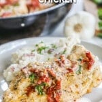 A plate of of marry chicken with a creamy sauce and sun-dried tomatoes and basil next to a side of mashed potatoes