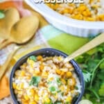 Side dish of Mexican Street Corn Casserole at dinner table.