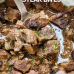 Close up of steak bites in the crockpot.