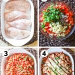 Step by Step recipe fpr Bruschetta Chicken Step 1: put chicken in a casserole dish 2. Chop ingredients and add to a large bowl and toss together 3. Layer mixture on top of chicken evenly 4. Add mozzarella cheese to the tomato mixture and bake