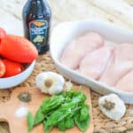 Ingredients for Bruschetta Chicken - chicken, tomatoes, basil, garlic, balsamic vinegar, salt, and pepper