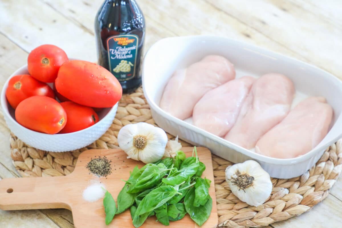 Ingredients for Bruschetta Chicken - chicken, tomatoes, basil, garlic, balsamic vinegar, salt, and pepper 
