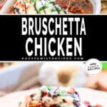 Top image is brushetta chicken being scooped out of the casserole dish. Bottom photo is brushetta chicken on a white plate ready to be eaten
