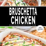 Top image is brushetta chicken being scooped out of the casserole dish. Bottom photo is brushetta chicken after it has baked in the oven.