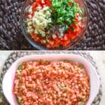 Step by Step recipe fpr Bruschetta Chicken Step 1: put chicken in a casserole dish 2. Chop ingredients and add to a large bowl and toss together 3. Layer mixture on top of chicken evenly 4. Add mozzarella cheese to the tomato mixture and bake