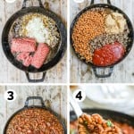 How to make cowboy baked beans: 1) brown the beef and onions, 2) add the beans, sauce, and sugar, 3) bake, 4) garnish with parsley and serve