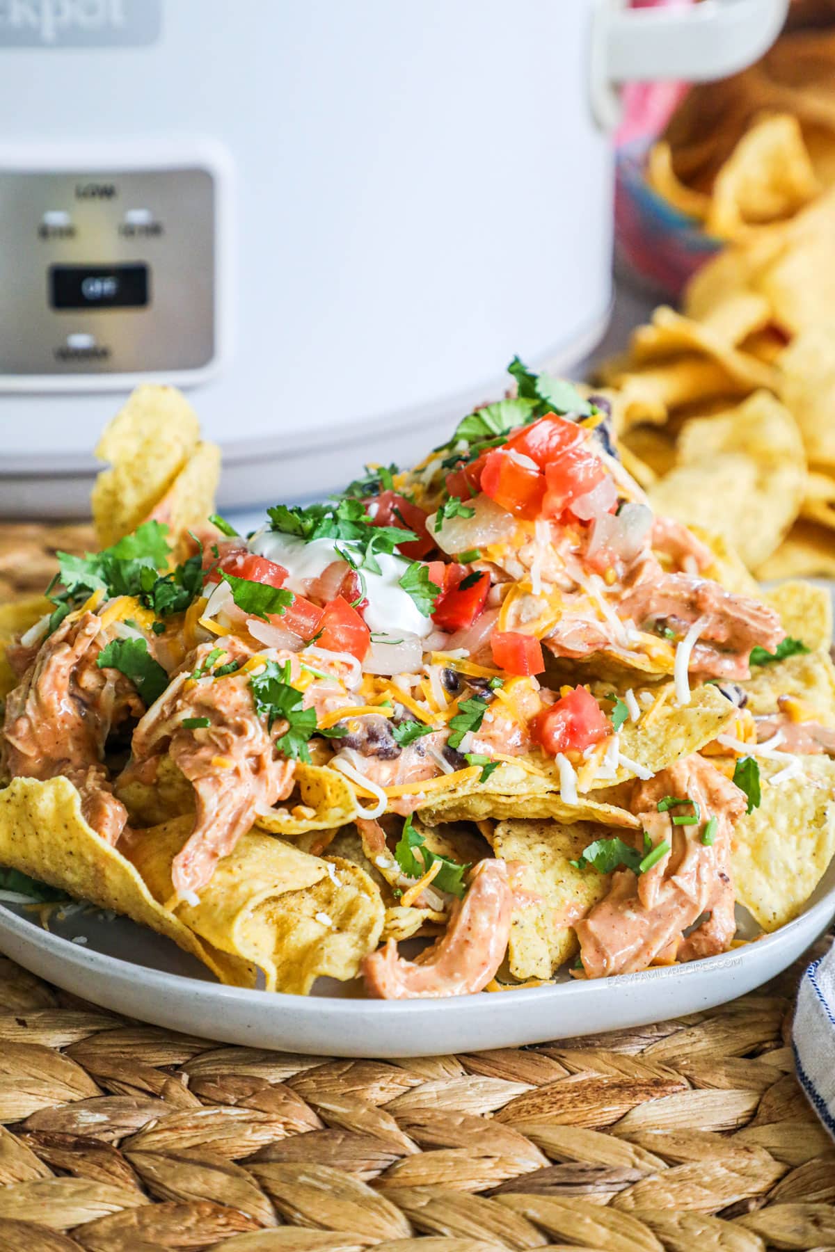 Plate of Crockpot chicken nachos sitting in front of the slow cooker.