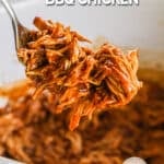 crockpot BBQ chicken in a white slow cooker