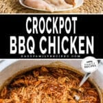 two images - top is ingredients to make crockpot bbq chicken and bottom is finsihed chicken inside a crockpot with a fork
